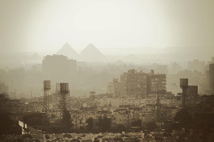 edifici, città, paesaggio urbano, Egitto, nebbioso, Piramidi, smog