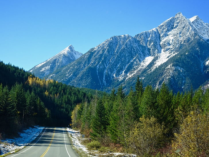 highway, mountains, snow, wilderness, travel, landscape, peaks