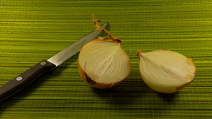 onion, food, cooking, knife, vegetable, half, halves