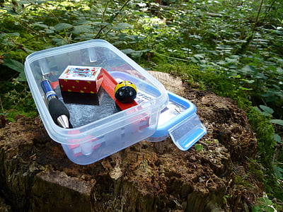 geocache, geocaching, cache, small, logbook, hiding place, search