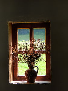 finestra, vecchio, natura morta, lato paese, vaso, fiori secchi