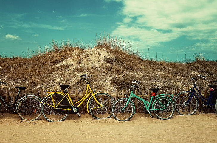 four, city, bikes, brown, soil, transportation, bicycles
