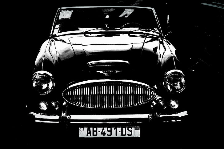 Austin healey, auto, vana auto, klassikaline auto, must ja valge
