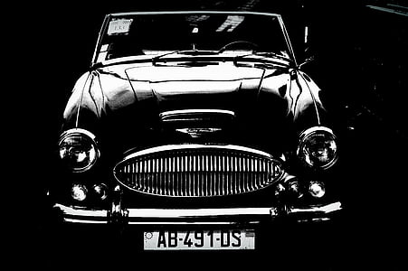 Austin healey, auto, staré auto, klasické auto, černá a bílá