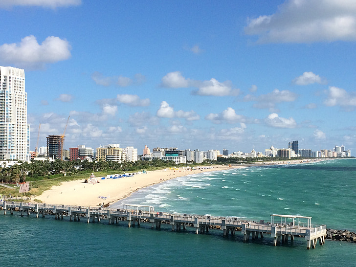 Miami, Miami beach, Florida, wody, Plaża, Skyline, Stany Zjednoczone Ameryki
