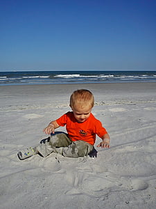 spiaggia, ragazzo, infante, sabbia, vicino al mare, mare, oceano