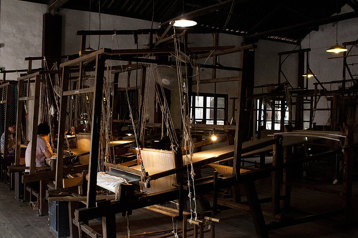 Wuzhen, tecelagem de seda brocado, velho, tecnologia, de madeira, tear, fio de seda