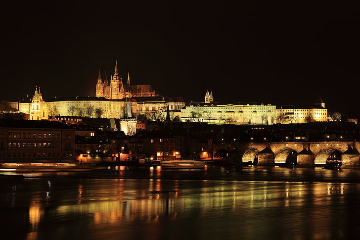 Prague, nuit, Château, lumières, ville