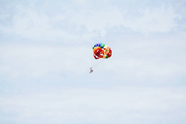 colorful, parachute, blue, sky, clouds, people, fly