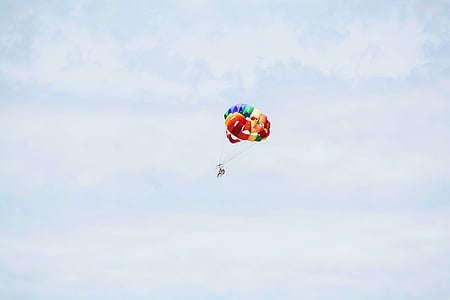 カラフルです, パラシュート, ブルー, 空, 雲, 人, 飛ぶ