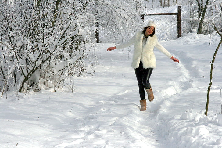 girl, snow, play, bounce, white, feerie, winter