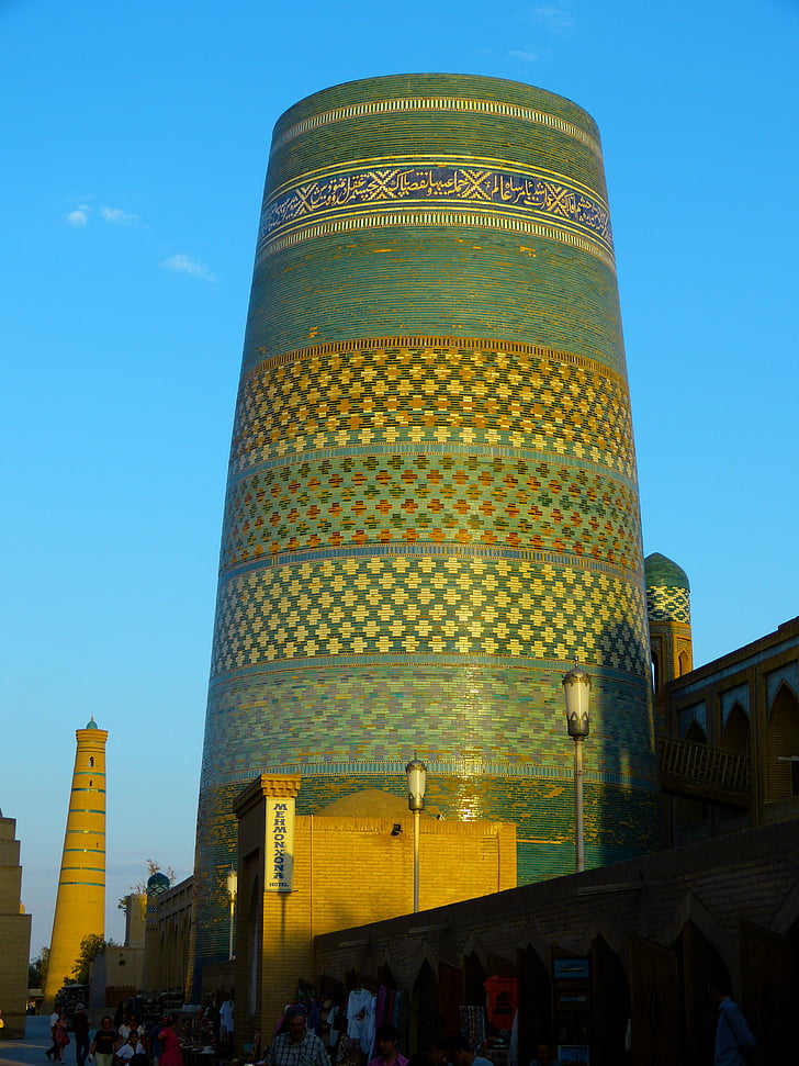 Khiva, minareten, kalta mindre, kort minareten, UNESCOs, majolica, turkis