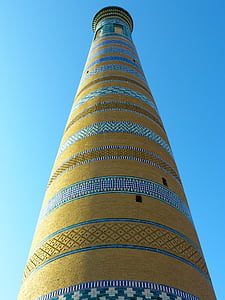 Khiva, Minarete de islam chodja, alta, mosaico de, Uzbekistán colorido