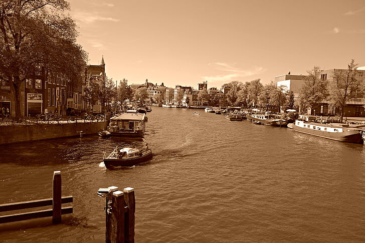Amsterdam, rzeki Amstel, centrum miasta, Widok z blauwbrug, panoramy, Holenderski, Holandia