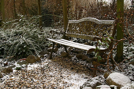 Садовая скамейка, Зима, Снегопад, Природа, снег, холодная, Сад