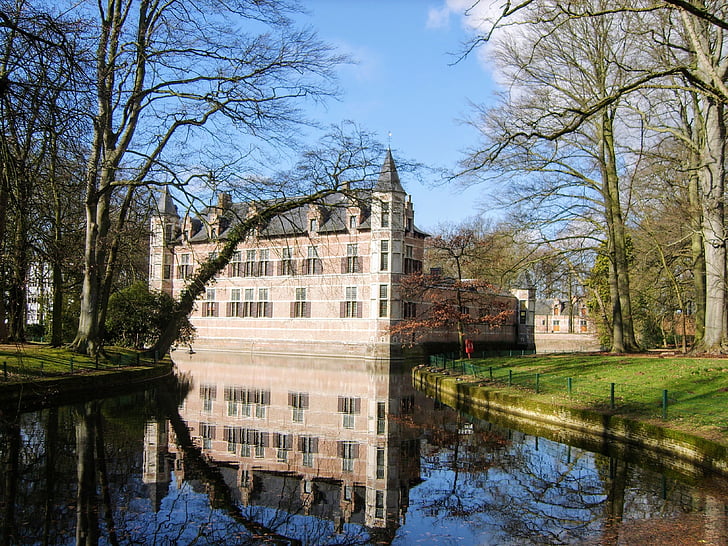 castle, ekeren, antwerp, field wijck, belgium, water, pond