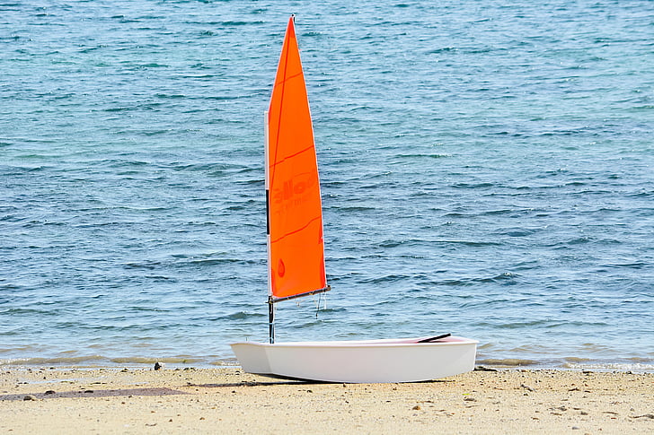 sailboat, red sail, beach, sand, sun, navigation, sport