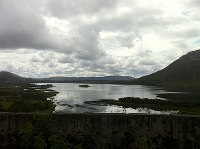 jezero, Galway, Irština, Irsko, mraky, krajina, obloha