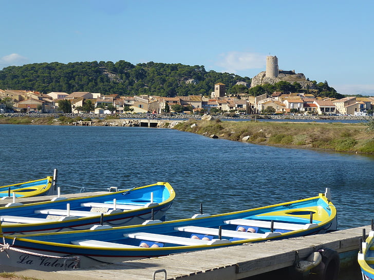 boats, france, water, rowing boats, tower, castle, idyll