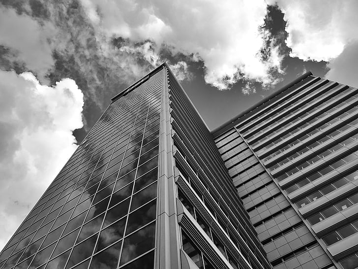 architecture, black-and-white, building, high-rise, low angle shot, monochrome, perspective