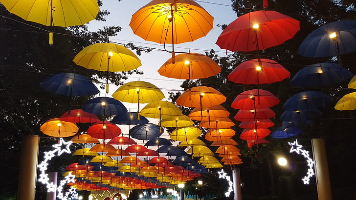 우산, 밤, 스카이, 공원, 밤 하늘, 야경, 램프