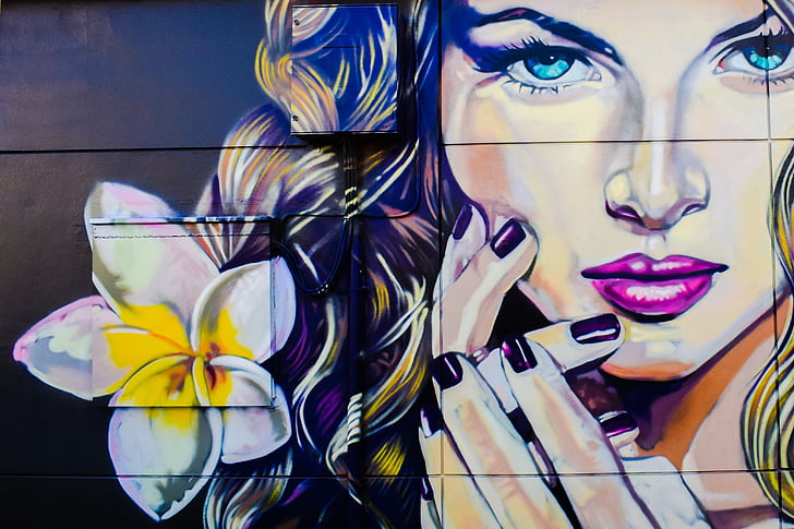femme fatale, graffiti, paret, pintura, urbà, carrer, dona