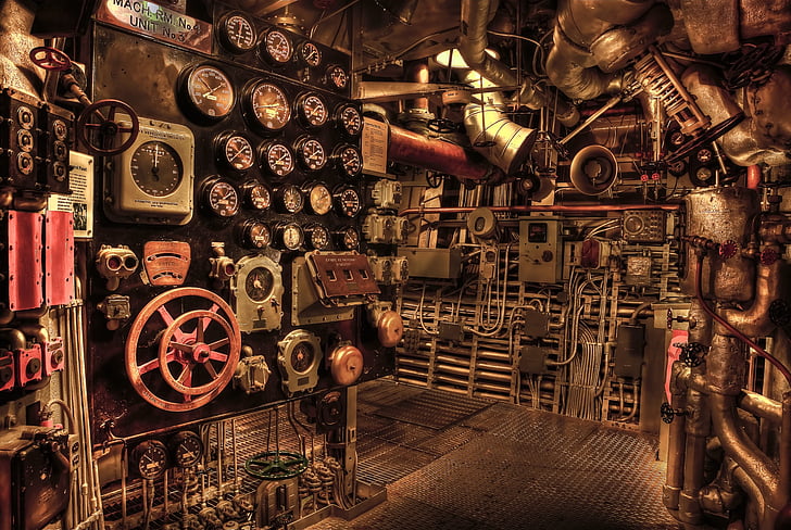 engine room, gauges, machine, valves, vessel, technology, equipment
