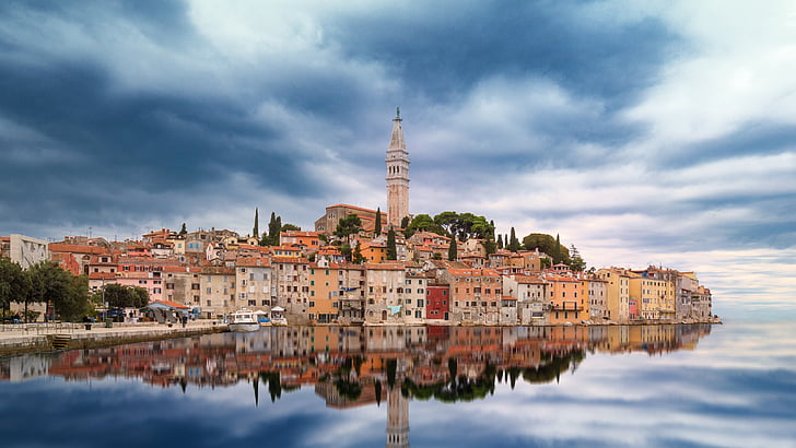 siluets, Rovinj, Horvātija, ūdens, atspoguļojot, Istria, osta