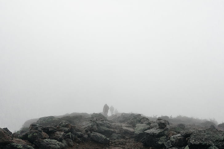 hiking, hikers, trekking, trail, backpacking, grey, fog