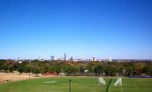 fodboldbane, Austin, Texas, skyline, Sport