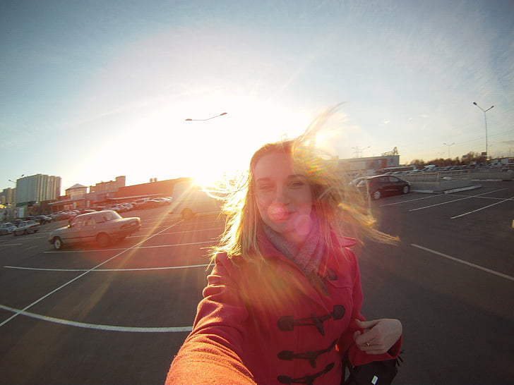 jeune fille, blonde, Portrait, selfie, lumière du soleil, Moscou, rue