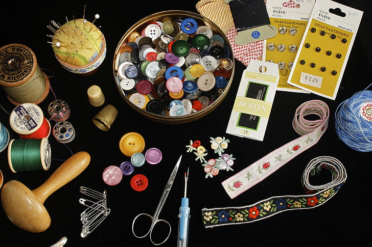 sewing, buttons, sew, thread, needlework, handmade, needle