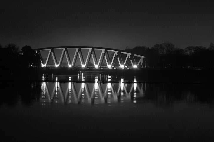 bro, vatten, kvällen, Sverige, kanal, natt, spegling