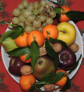 fruit, tray, apple, pera, orange, tangerine, grapes
