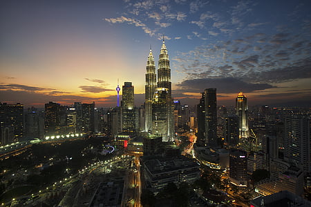 architecture, bâtiments, ville, paysage urbain, nuages, Kuala lumpur, lumières