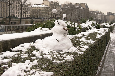 nieve, escultura, hombre de nieve, París, Francia, invierno, ciudad