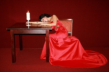 girl, dress, red, lady in red, table, candle, beauty