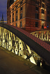 reflexie, Hamburg, Speicherstadt, Most, staré speicherstadt, noc fotografiu, budova