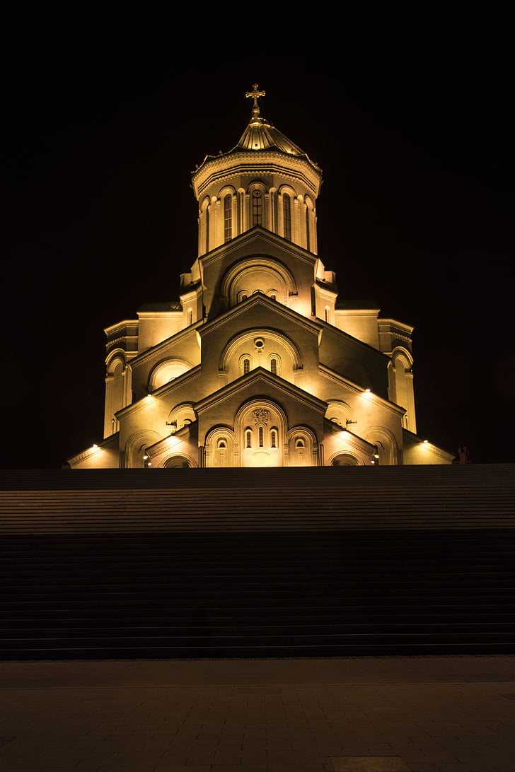 georgia, tbilisi, cathedral, trinity, church, night, illuminated