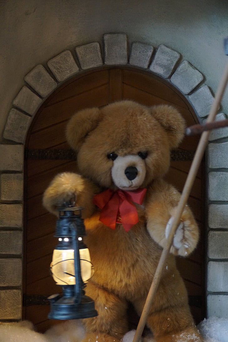 teddy, lamp, guard, door, goal, soft toy, stuffed animal
