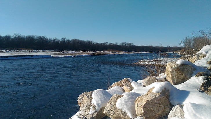 river, lab, in winter