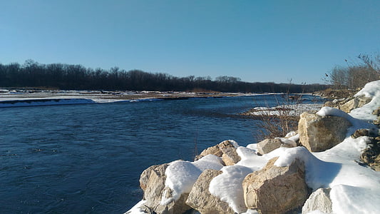 river, lab, in winter