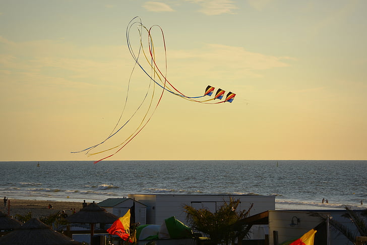 Wind kite, blå himmel, luft, moln, havet, stranden, looping