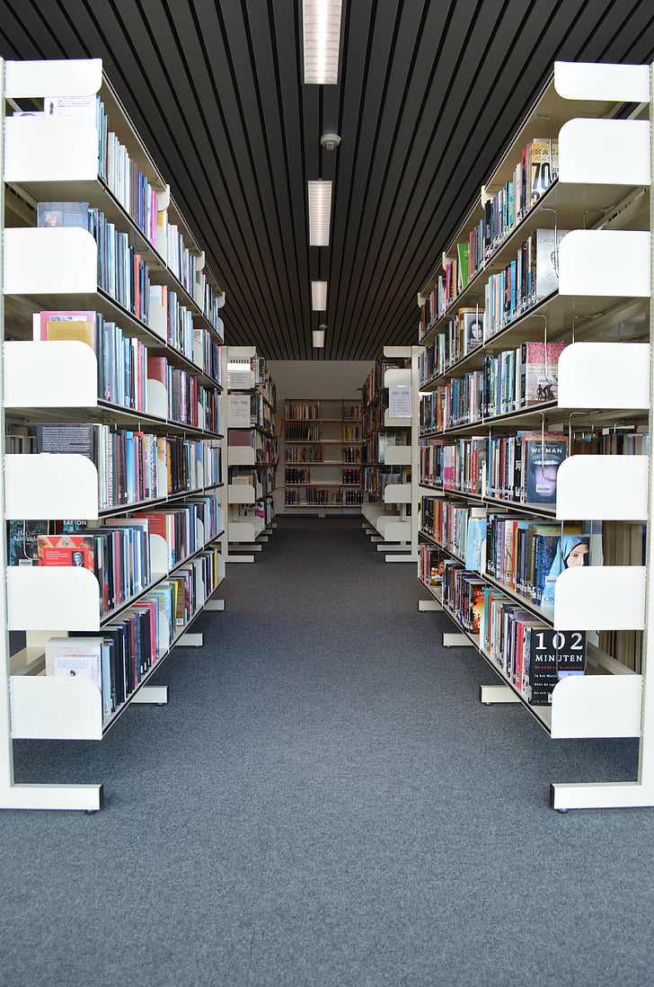 knygos, biblioteka, skaityti, žymelės, knygų lentynoje, simetrija