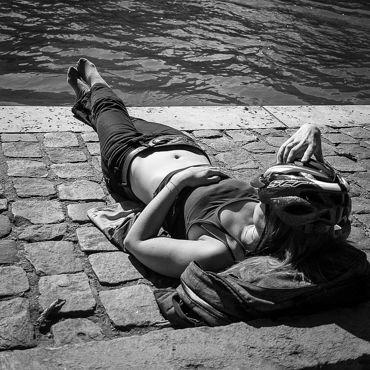 sunbathing, seine, paris, woman, street, rest, relax