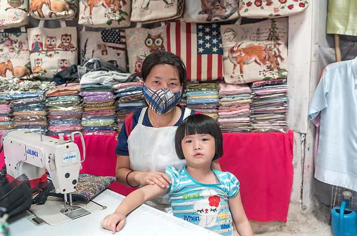 Chiang mai, chica, mujer, costurera, tienda, ropa, madre