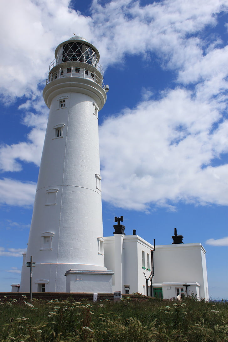 lighthouse, sea, seaside, white, cloud, flamborough