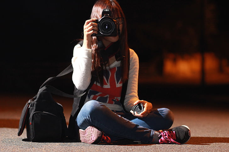 night, camera, photographer, canon, shooting, girl, flash light