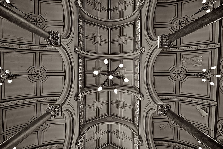 architecture, black-and-white, ceiling, chandeliers, columns, craftsmanship, lights