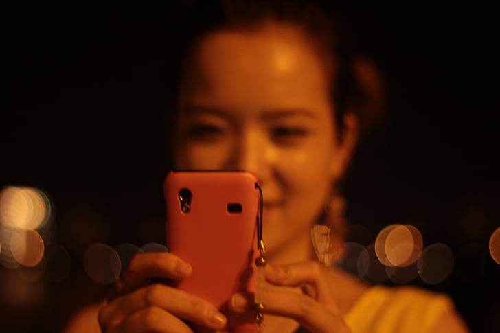 the self-timer, street, girls, phone, lighting, neon light, sunset